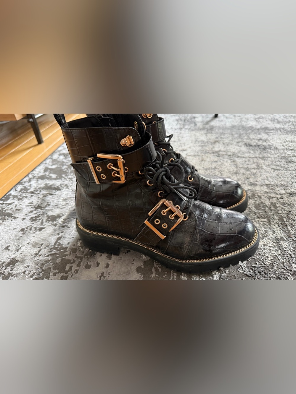 ASOS Black Croc-Embossed Leather Buckle Combat Boots with Gold Hardware
